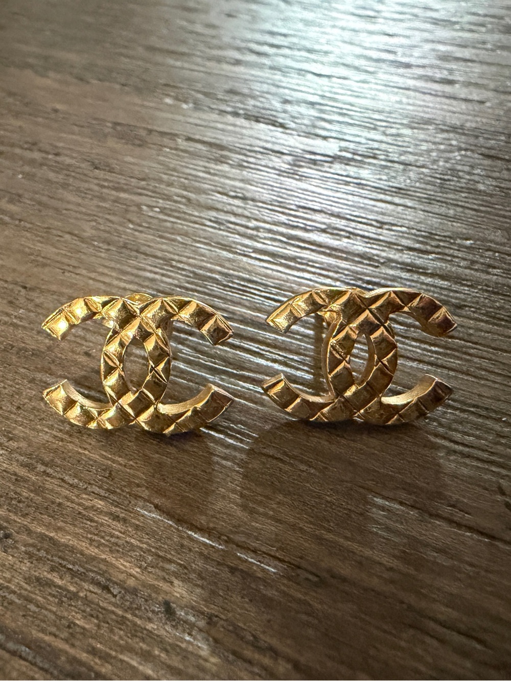 Authentic CHANEL Textured Gold CC Logo Stud Earrings